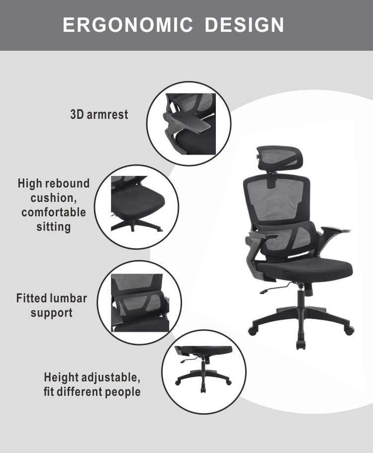 703 Black Mesh Office Chair – Ergonomic Computer Desk Chair with Adjustable Headrest, Lumbar Support and